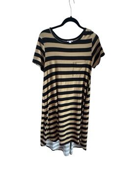 LuLaRoe Black and Tan Striped Midi Pocket Tee Shirt Dress